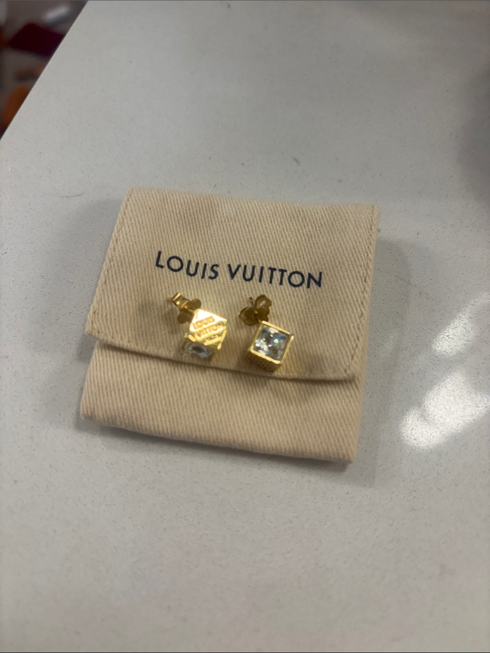 Louis Vuitton Gold and Clear Cube Stud Earrings - Picture 2 of 3